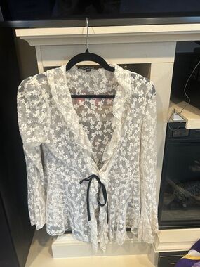 Boston Proper White Floral Lace Sheer Blouse